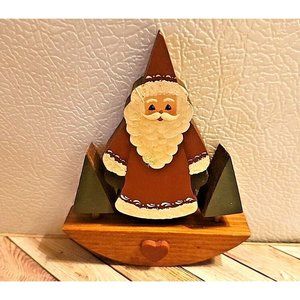 Vintage 1980s Folk Art Santa Figure Christmas Wood Hand Painted Signed 4"